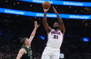 Philadelphia 76ers center Joel Embiid (21) shoots the ball.
