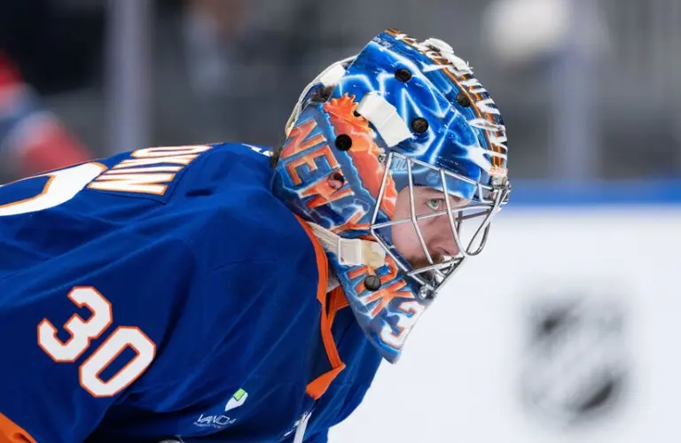 Apr 12, 2026; Elmont, New York, USA; New York Islanders goaltender Ilya Sorokin (30) during the first period against the Montréal Canadiens at UBS Arena.