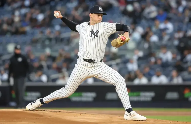 Apr 7, 2026; Bronx, New York, USA; New York Yankees starting pitcher Will Warren (29) pitches in the first inning against the Athletics at Yankee Stadium.