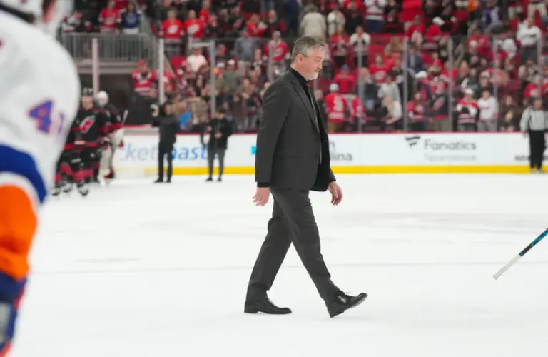 Apr 4, 2026; Raleigh, North Carolina, USA; New York Islanders head coach Patrick Roy walks off the ice after their loss to the Carolina Hurricanes at Lenovo Center.
