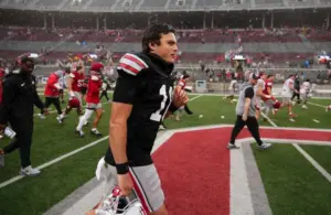 Quarterback Julian Sayin (10) leaves the field following the Ohio State football spring game at Ohio Stadium in Columbus on April 18, 2026.