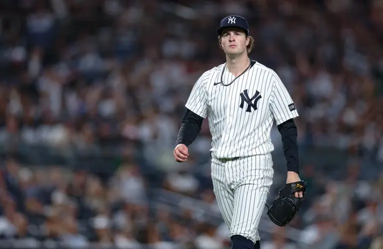 Apr 17, 2026; Bronx, New York, USA; New York Yankees pitcher Cam Schlittler (31) walks off the field after being relieved during the seventh inning against the Kansas City Royals at Yankee Stadium.