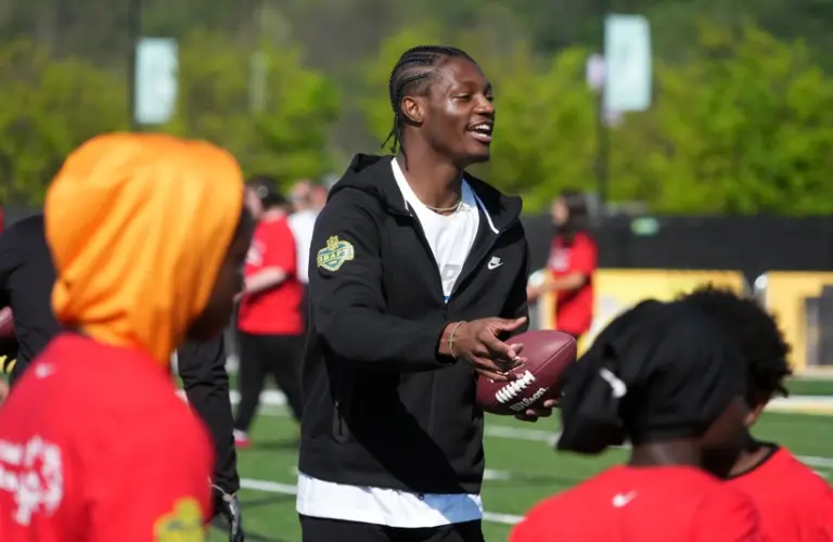 Apr 22, 2026; Pittsburgh, PA, USA; Ohio State Buckeyes receiver Carnell Tate during the NFL Draft prospects clinic at Hazelwood Green Park.