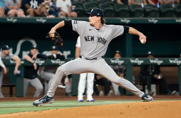 Apr 27, 2026; Arlington, Texas, USA; New York Yankees pitcher Max Fried (54) throws to home plate during the first inning against the Texas Rangers at Globe Life Field.