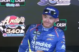 Kyle Larson smiles during post-race press briefing.