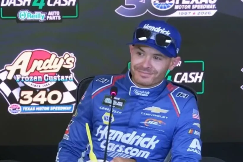 Kyle Larson smiles during post-race press briefing.