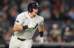 May 1, 2026; Bronx, New York, USA; New York Yankees first baseman Ben Rice (22) hits a three run home run during the second inning against the Baltimore Orioles at Yankee Stadium.