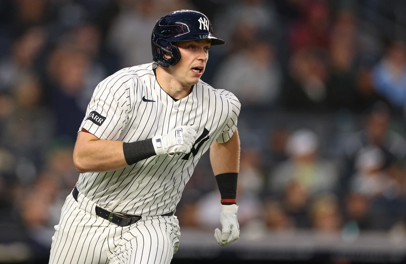 May 1, 2026; Bronx, New York, USA; New York Yankees first baseman Ben Rice (22) hits a three run home run during the second inning against the Baltimore Orioles at Yankee Stadium.