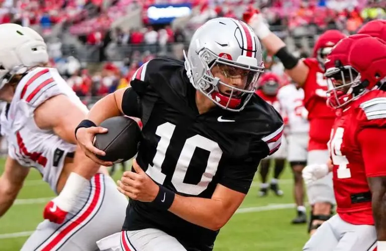 Quarterback Julian Sayin (10) runs the ball during the Ohio State football spring game at Ohio Stadium on Saturday, April 18, 2026 in Columbus, Ohio.