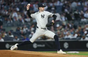 May 4, 2026; Bronx, New York, USA; New York Yankees pitcher Cam Schlittler (31) delivers a pitch during the third inning against the Baltimore Orioles at Yankee Stadium.
