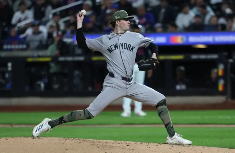 May 15, 2026; New York City, New York, USA; New York Yankees pitcher Cam Schlittler (31) delivers a pitch during the sixth inning against the New York Mets at Citi Field.