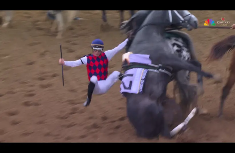 Screenshot of Great White and jockey Alex Achard taking a fall before the Kentucky Derby 2026