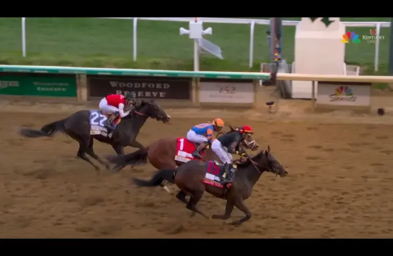 Screenshot of the finish of the 152nd Kentucky Derby 2026, Churchill Downs, KY, Golden Tempo, Renegade, Ocelli