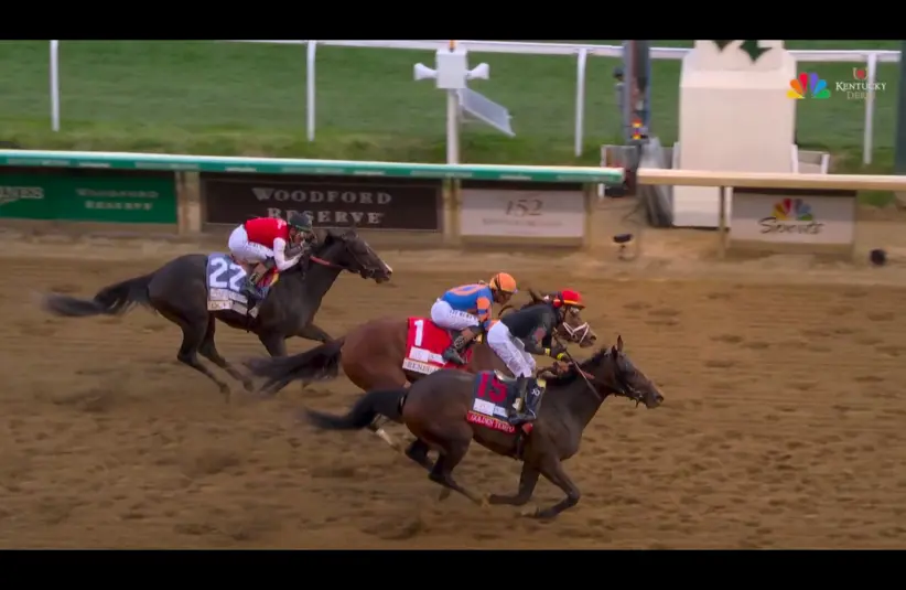 Screenshot of the finish of the 152nd Kentucky Derby 2026, Churchill Downs, KY, Golden Tempo, Renegade, Ocelli