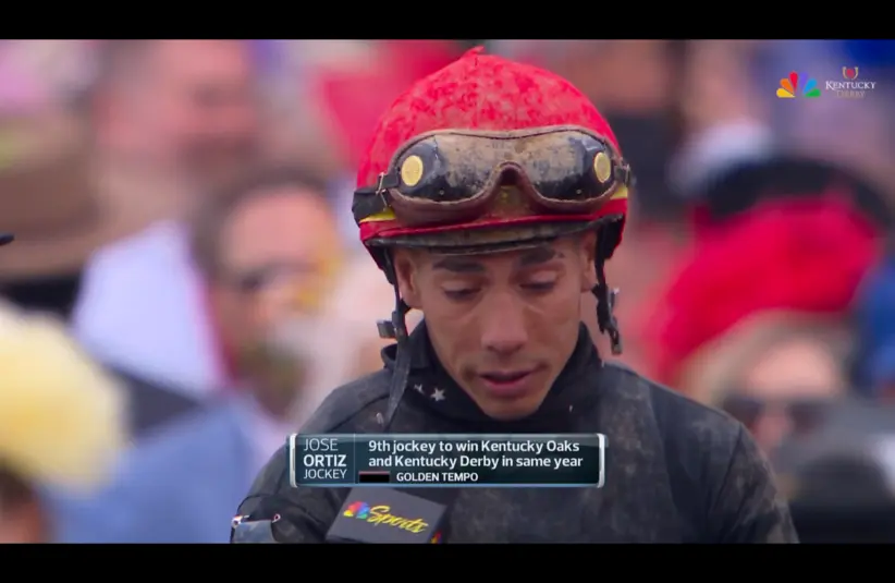 Screenshot of jockey Jose Ortiz being interviewed after his Kentucky Derby win with Golden Tempo