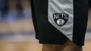 view of the team logo on the shorts of Brooklyn Nets forward Jared Dudley (6)