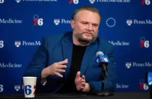 Philadelphia 76ers resident of Basketball Operations Daryl Morey speaks with the media.