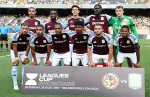 The starting eleven for Aston Villa pose for a photograph.