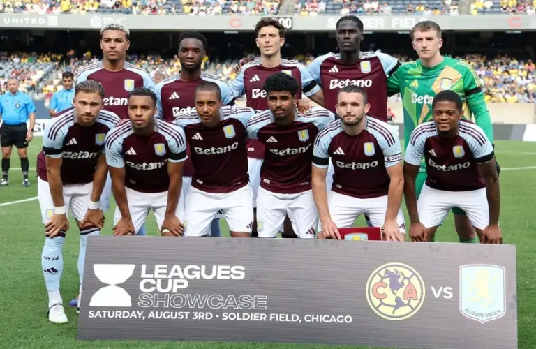 The starting eleven for Aston Villa pose for a photograph.