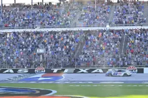 May 4, 2025; Fort Worth, Texas, USA; NASCAR Cup Series driver Joey Logano (22) crosses the finish line to win the Wurth 400 race at Texas Motor Speedway.