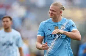 Manchester City forward Erling Haaland (9) reacts after a group stage match.