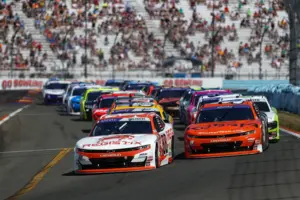 Aug 9, 2025; Watkins Glen, New York, USA; NASCAR Xfinity Series driver Connor Zilisch (88) leads the field to the green flag to start the Mission 200 at The Glen at Watkins Glen International.