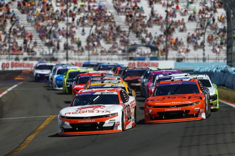 Aug 9, 2025; Watkins Glen, New York, USA; NASCAR Xfinity Series driver Connor Zilisch (88) leads the field to the green flag to start the Mission 200 at The Glen at Watkins Glen International.