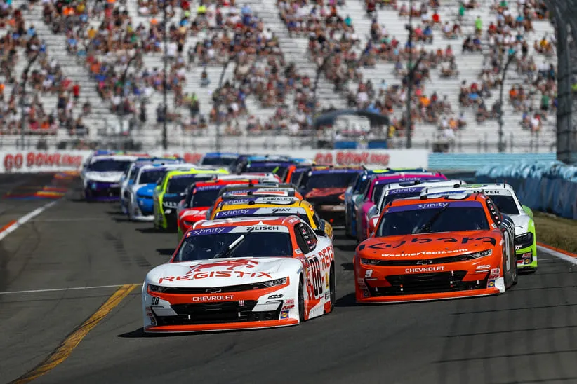 Aug 9, 2025; Watkins Glen, New York, USA; NASCAR Xfinity Series driver Connor Zilisch (88) leads the field to the green flag to start the Mission 200 at The Glen at Watkins Glen International.