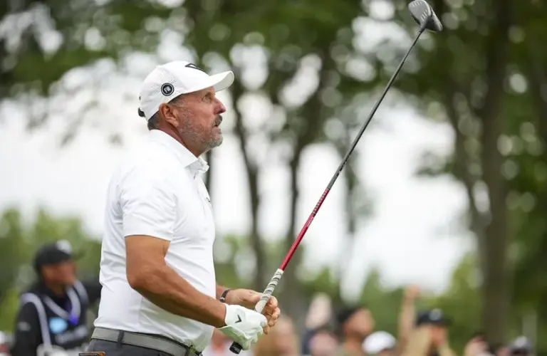 Phil Mickelson of HyFlyers GC plays his shot from the second tee.