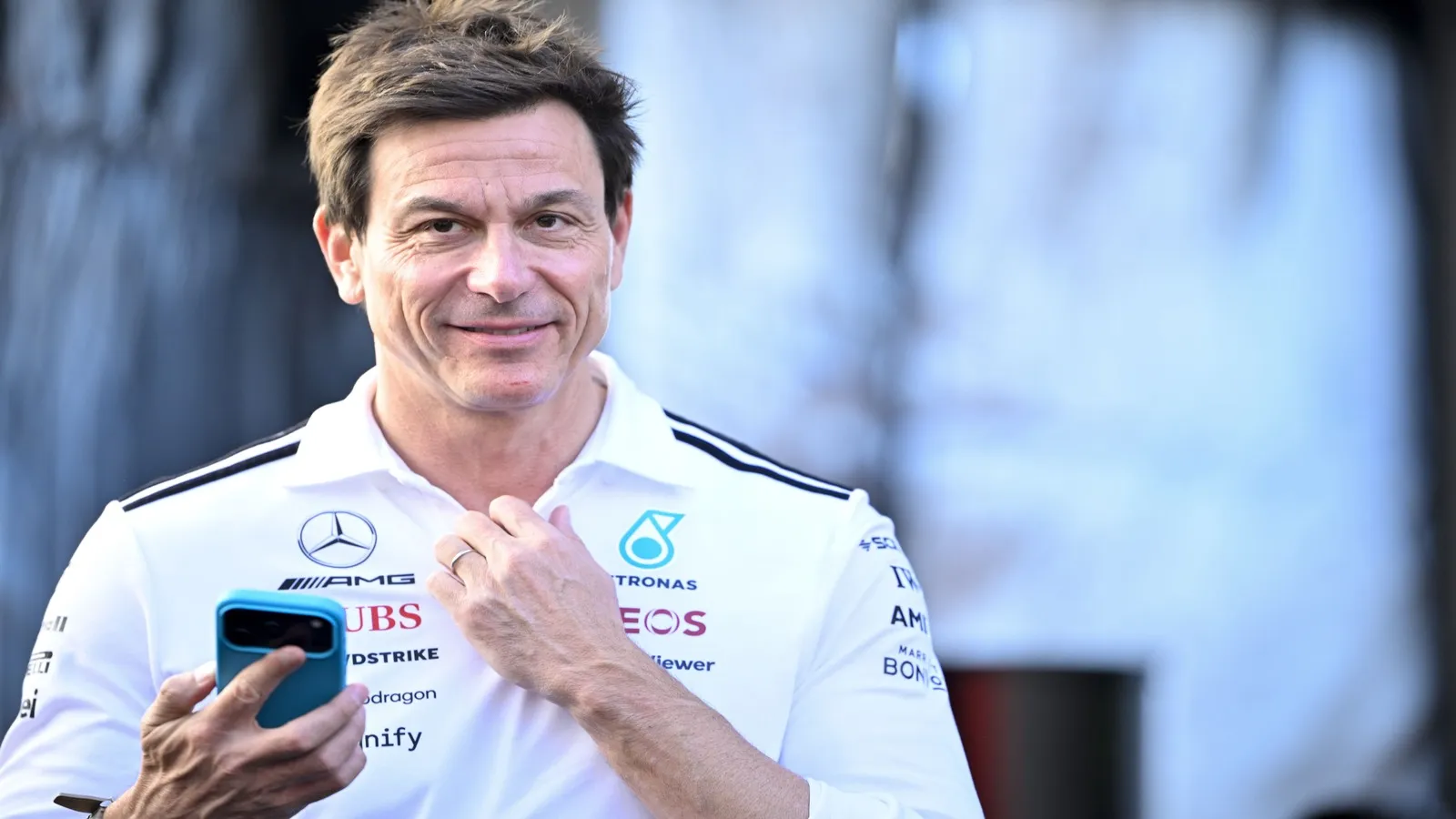 Mercedes AMG Petronas CEO and team principal Toto Wolff arrives at the track.