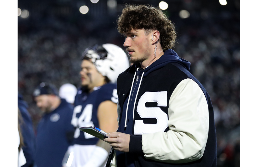 Nov 22, 2025; University Park, Pennsylvania, USA; Penn State Nittany Lions quarterback Drew Allar (15) walks on the sideline during the first quarter against the Nebraska Cornhuskers at Beaver Stadium. Mandatory Credit: Matthew O'Haren-Imagn Images