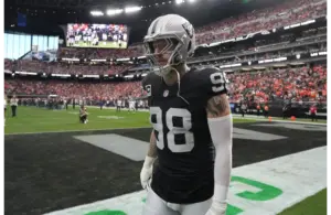 Dec 7, 2025; Paradise, Nevada, USA; Las Vegas Raiders defensive end Maxx Crosby (98) on the field prior to a game against the Denver Broncos at Allegiant Stadium. Mandatory Credit: Kirby Lee-Imagn Images