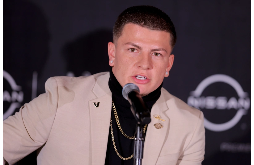 Dec 13, 2025; New York, NY, USA; Vanderbilt Commodores quarterback Diego Pavia speaks to the media during a press conference at the New York Marriott Marquis before the presentation of the Heisman trophy. Mandatory Credit: Brad Penner-Imagn Images