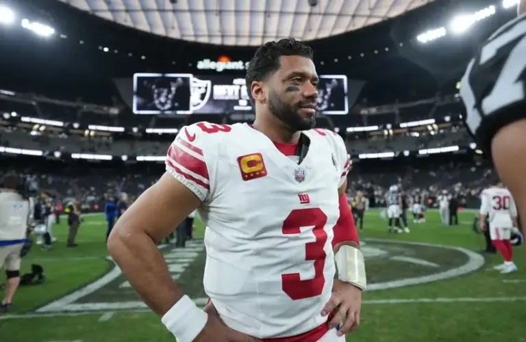 New York Giants quarterback Russell Wilson (3) looks on after the game.