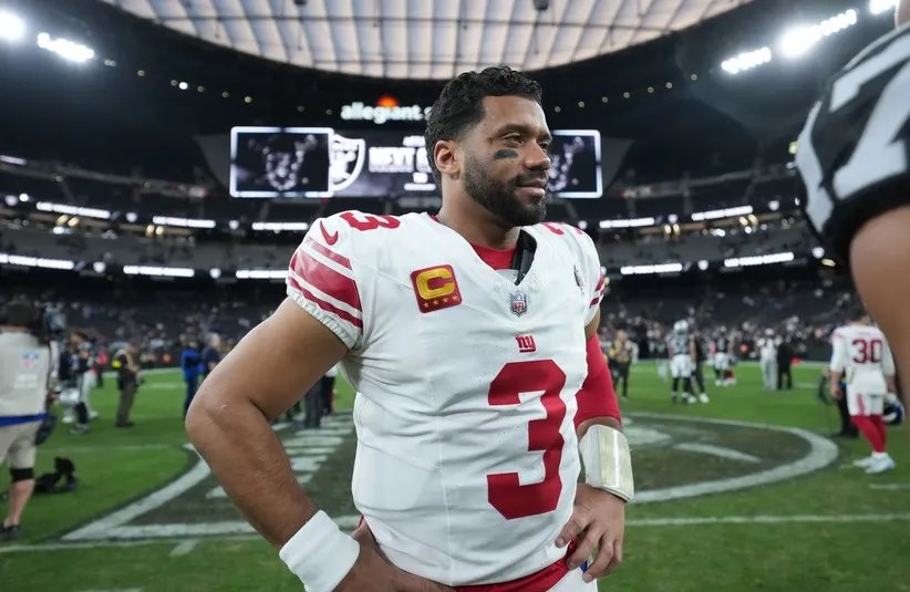 New York Giants quarterback Russell Wilson (3) looks on after the game.