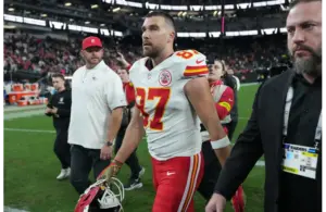 Travis Kelce walking off the field in Las Vegas