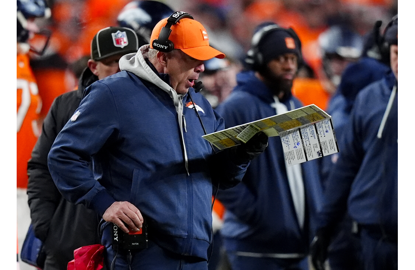 Jan 17, 2026; Denver, CO, USA; Denver Broncos head coach Sean Payton calls a play during the fourth quarter of an AFC Divisional Round playoff game against the Buffalo Bills at Empower Field at Mile High. Mandatory Credit: Ron Chenoy-Imagn Images