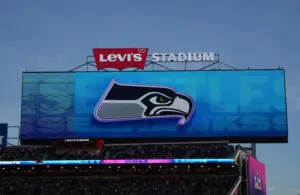 The Seattle Seahawks logo is shown during the game in Super Bowl LX at Levi's Stadium.