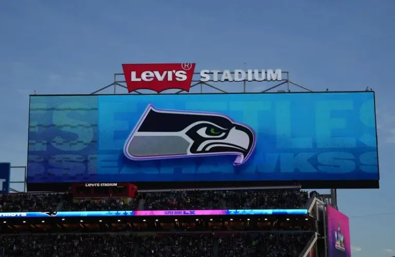 The Seattle Seahawks logo is shown during the game in Super Bowl LX at Levi's Stadium.