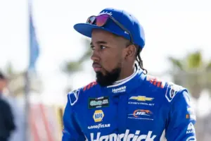 Feb 14, 2026; Daytona Beach, Florida, USA; NASCAR O’Reilly Auto Parts Series driver Rajah Caruth (88) during qualifying for the United Rentals 300 at Daytona International Speedway.