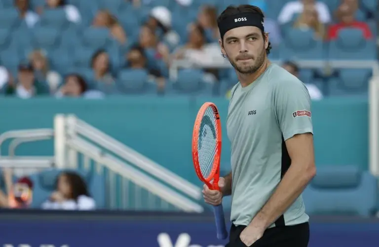 Taylor Fritz (USA) reacts after match point.