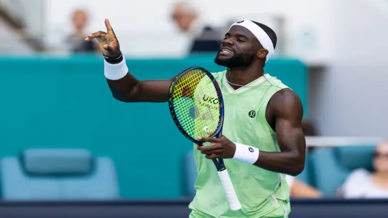 Frances Tiafoe of the United States reacts during his match.