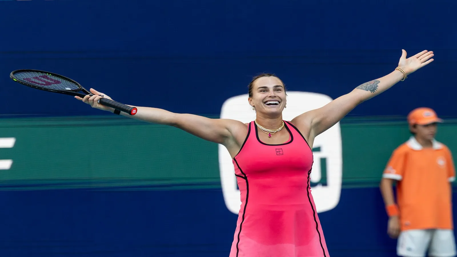 Aryna Sabalenka of Belarus celebrates.