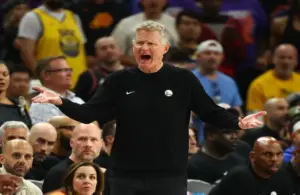 Golden State Warriors head coach Steve Kerr reacts.
