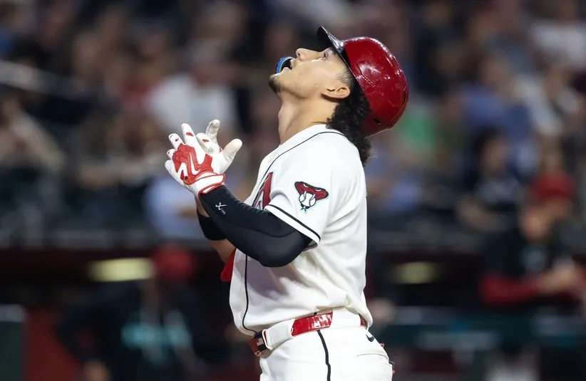 Arizona Diamondbacks outfielder Alek Thomas celebrates after hitting a solo home run.