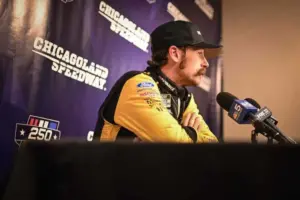 NASCAR driver Ryan Blaney speaks with reporters during a break in the Goodyear tire test Wednesday, April 22, 2026, at Chicagoland Speedway in Joliet, Illinois.