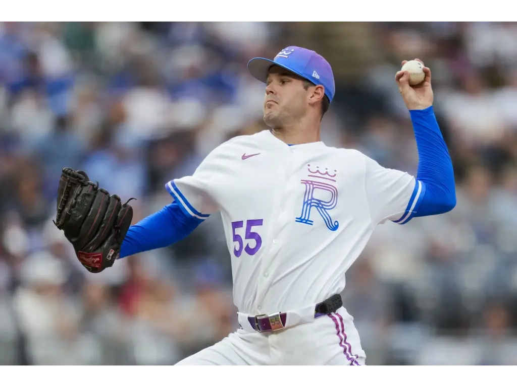 Apr 25, 2026; Kansas City, Missouri, USA; Kansas City Royals pitcher Cole Ragans (55) pitches during the first inning against the Los Angeles Angels at Kauffman Stadium. Mandatory Credit: Jay Biggerstaff-Imagn Images