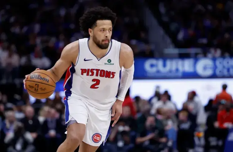 Detroit Pistons guard Cade Cunningham (2) dribbles in the second half against the Orlando Magic during game five of the first round of the 2026 NBA Playoffs.