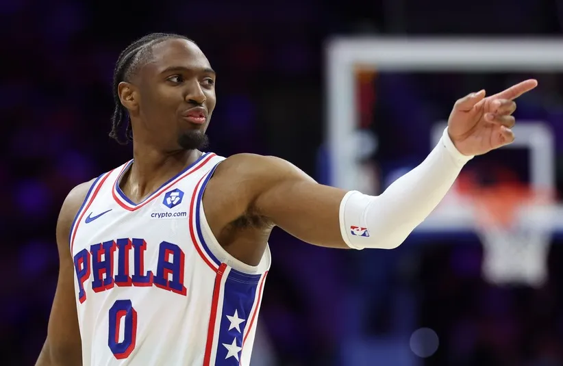 Philadelphia 76ers guard Tyrese Maxey (0) reacts to a play.