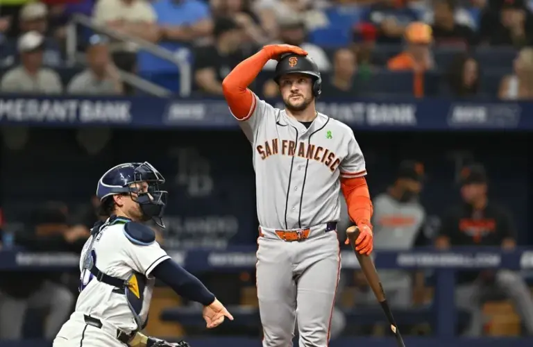 San Francisco Giants catcher Patrick Bailey (14) reacts to a strike.